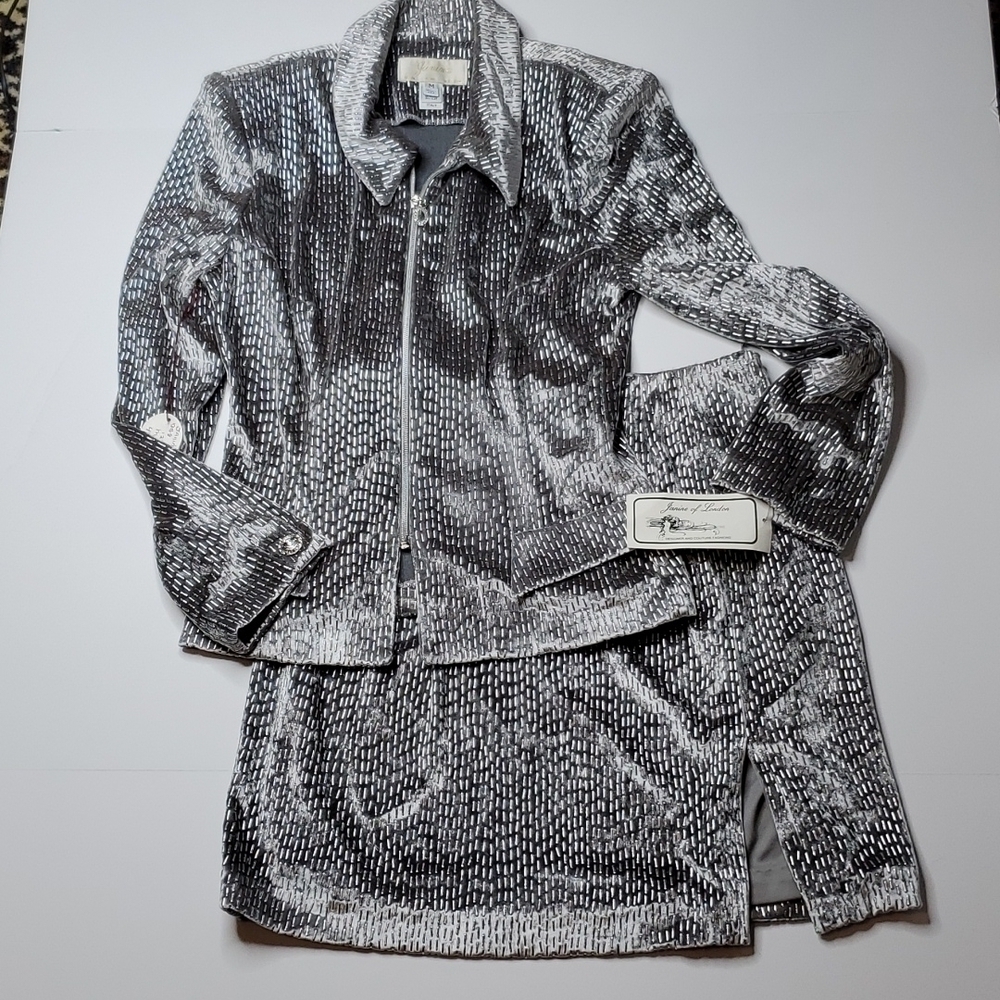 Vintage Skirt Suit Janine Suit New Old Stock Medium Silver velvet Blazer skirt